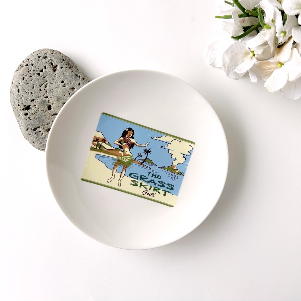 Pottery Barn "Aloha Girl's" The Grass Skirt Blue Hawaiian Appetizer 8" Plate